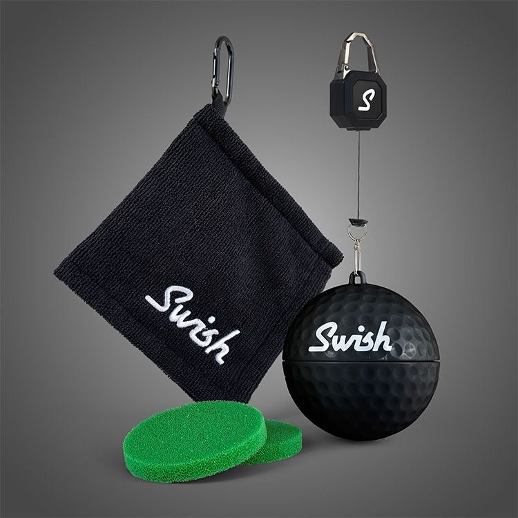 Swish Portable Golf Ball Cleaner in Black with Lanyard with Towel