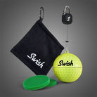 Swish Portable Golf Ball Cleaner in Neon yellow with Lanyard and Towel