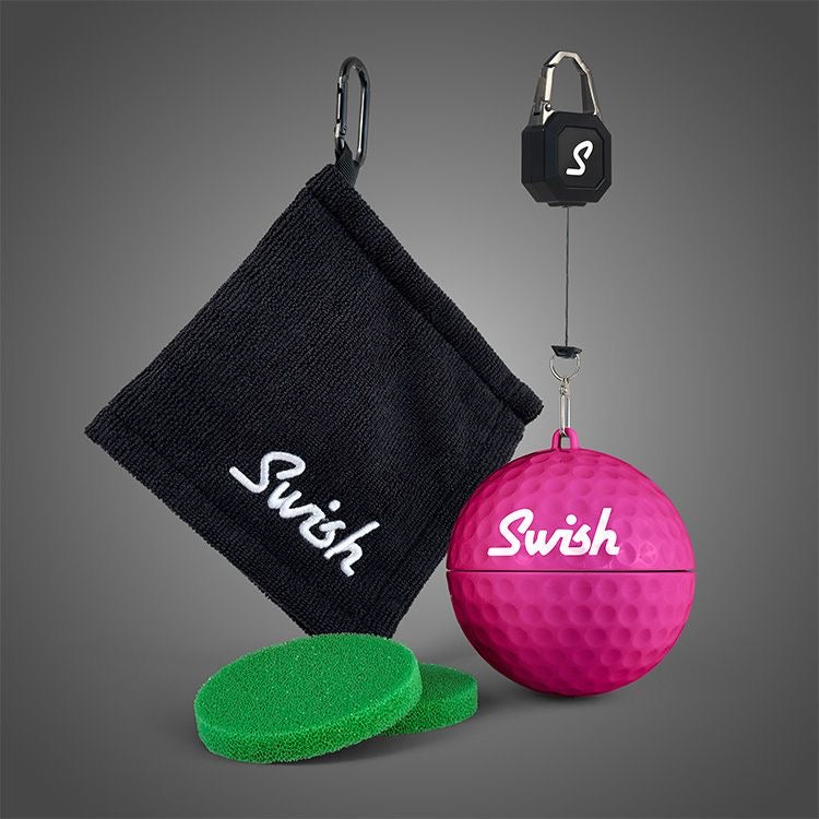 Swish Portable Golf Ball Cleaner in Pink with Lanyard an Towel