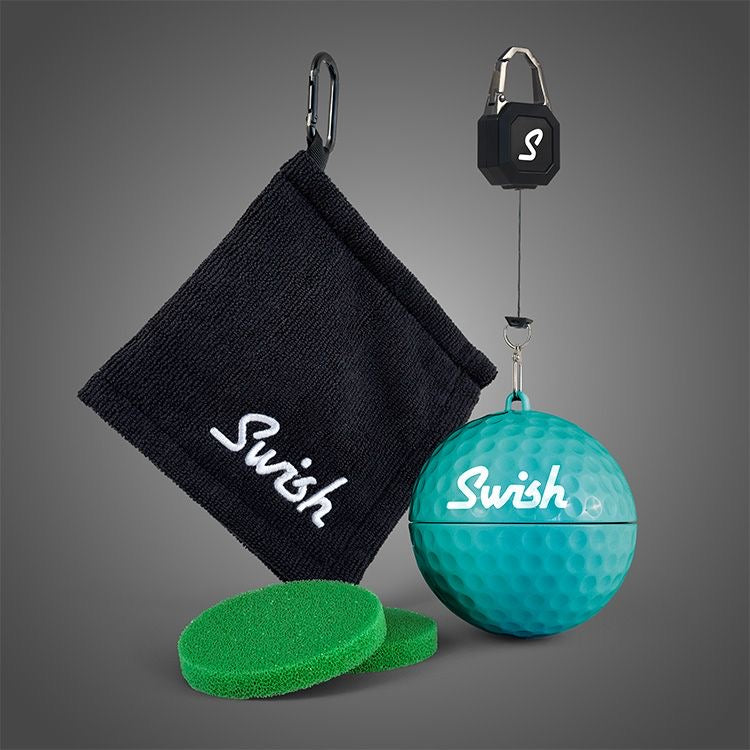 Swish Portable Golf Ball Cleaner in Teal with Lanyard and Towel